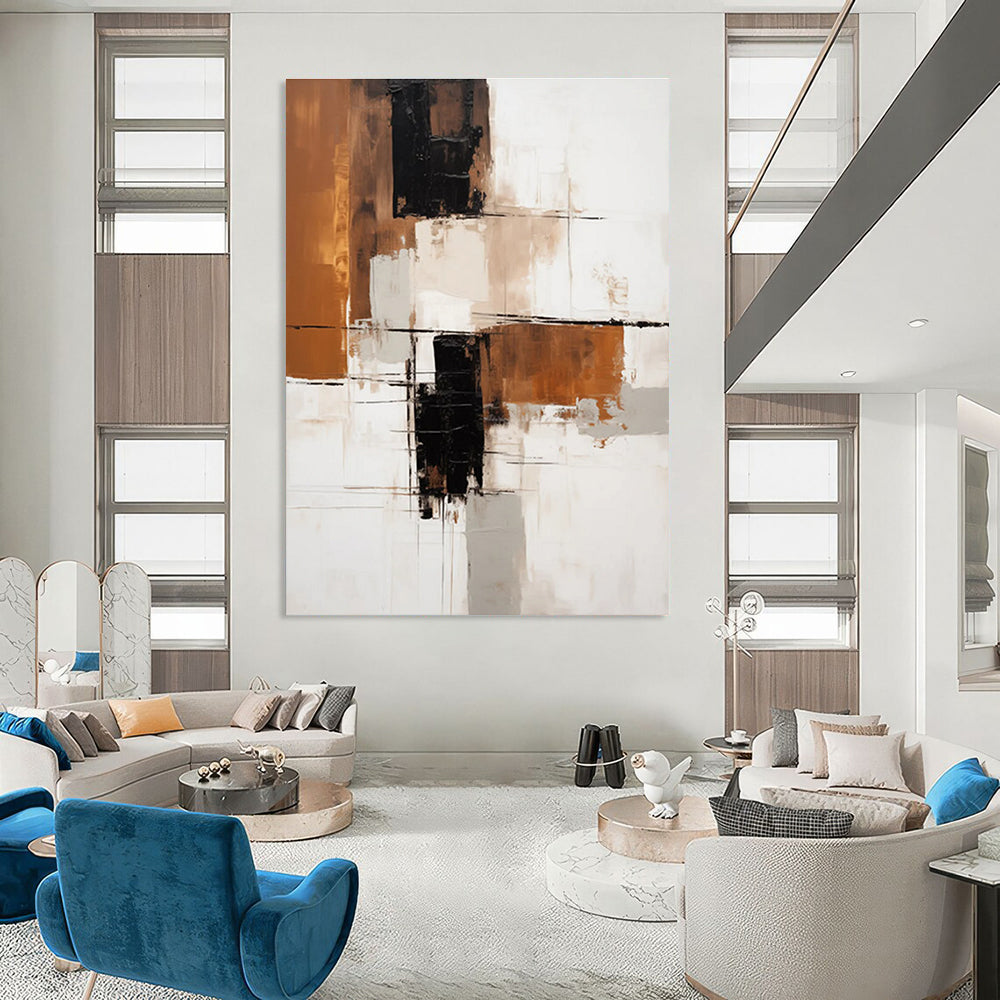 Earth - Toned Geometric Abstract Painting with Brown, Black, and Beige ADGE129