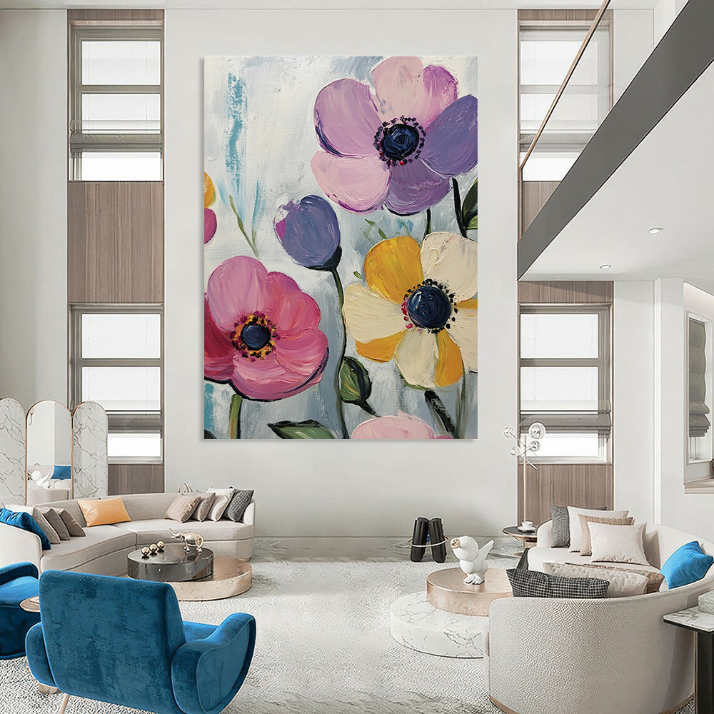 Large abstract painting features pink purple yellow flowers on a white background with blue-green and light gray brushstrokes in acrylic style.STSC999
