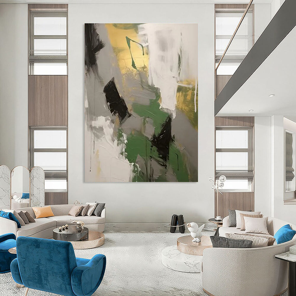 Green, Gray, and Gold Abstract Painting with Dynamic Brushstrokes ADGE115