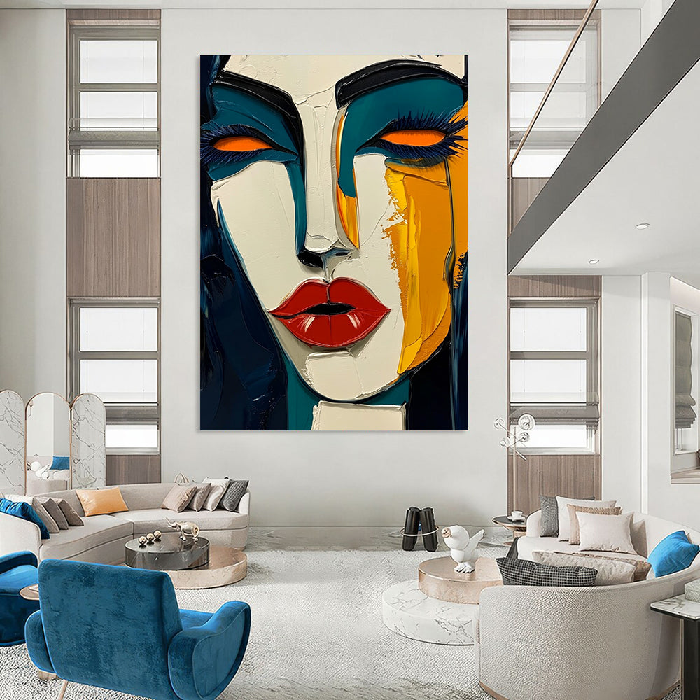 Large abstract painting in Picasso style featuring dark blue and yellow hues with bold red lips and green skin tone on a white background.STSC049