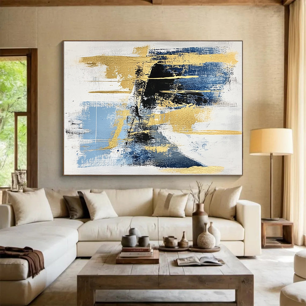 Blue Gold and Black Abstract Painting with Modern Elegance GER523
