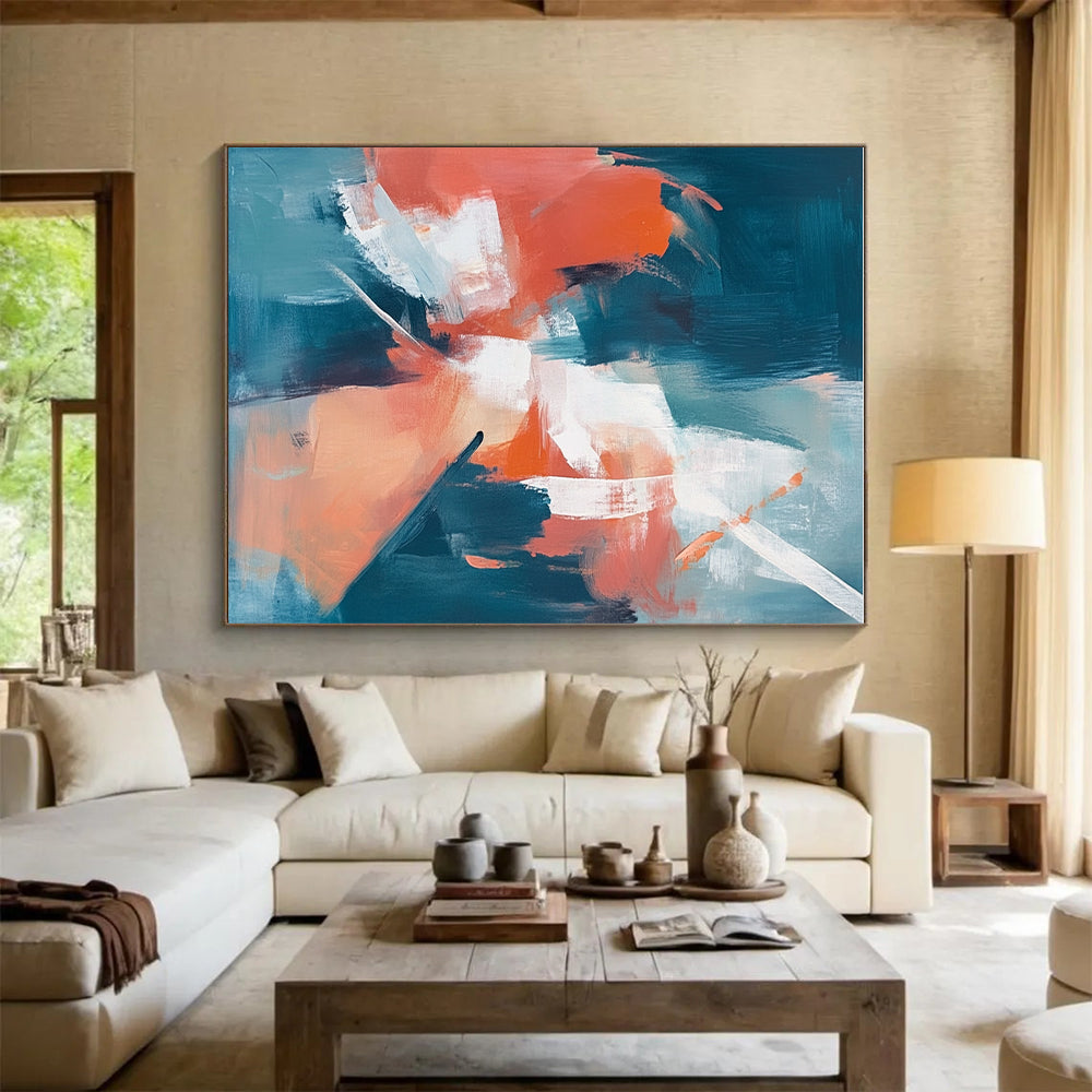 Teal and Coral Abstract Painting with Soft Textures GER641