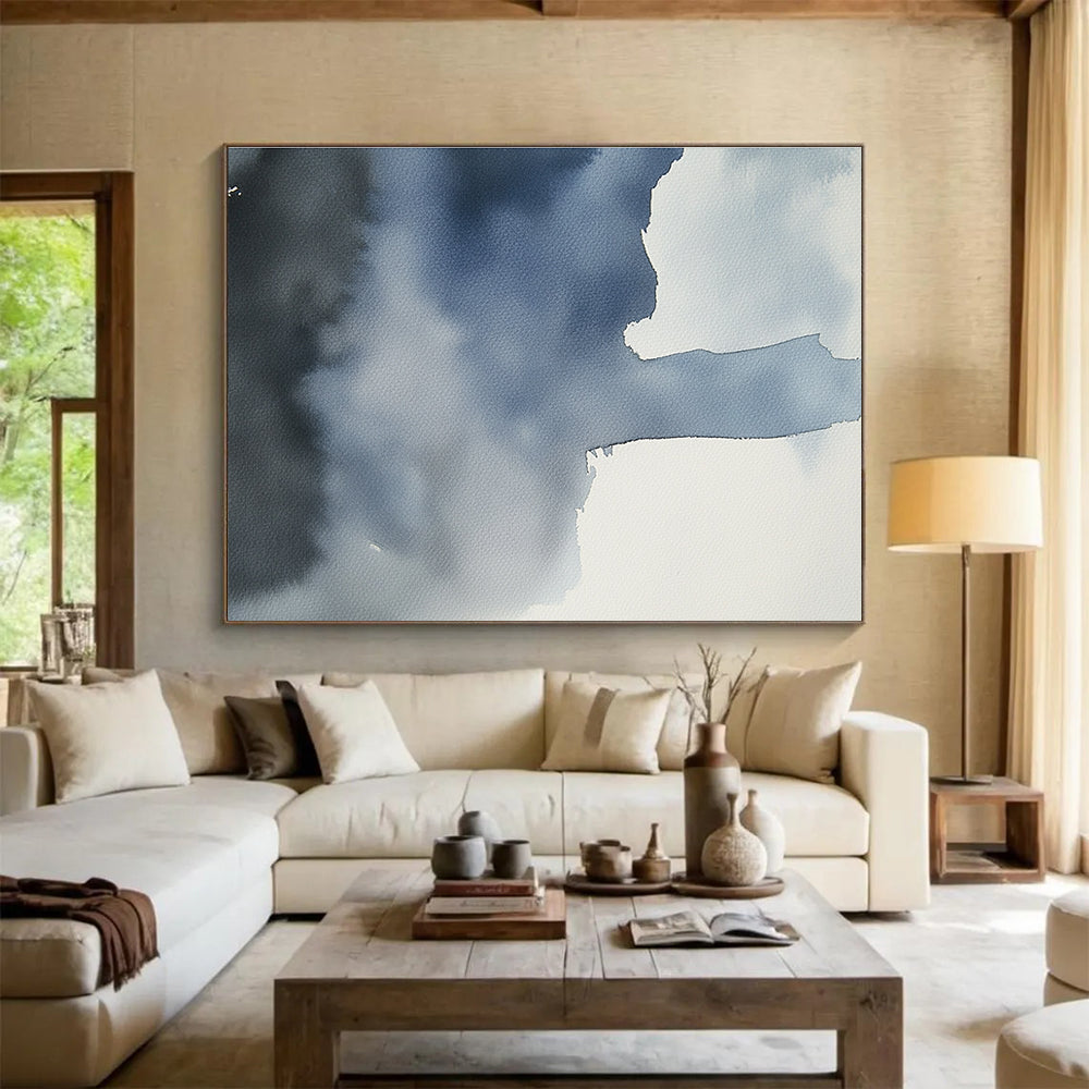 Large abstract painting featuring a gray sky over an ocean in dark blue and light gray tones, evoking serene and calm emotions.SC618