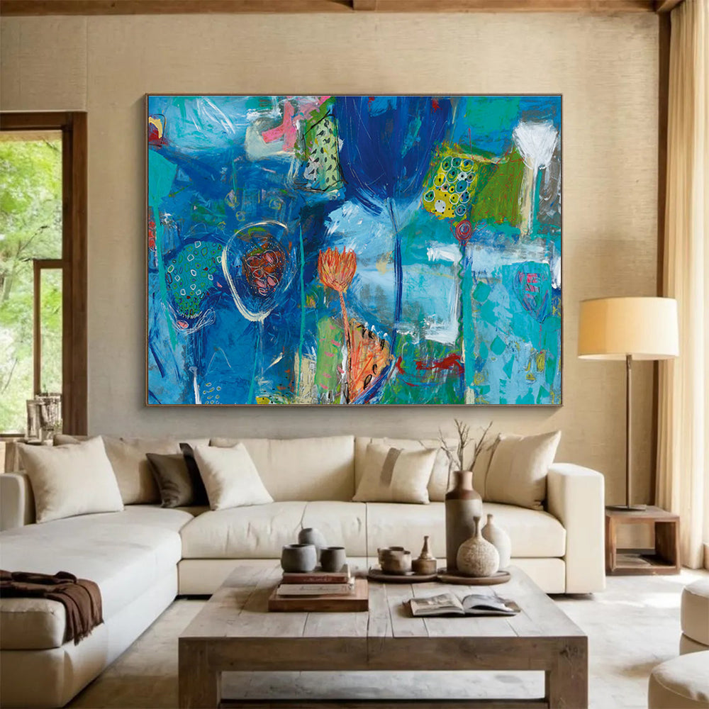 Blue Floral Abstract Painting with Colorful Accents THY234