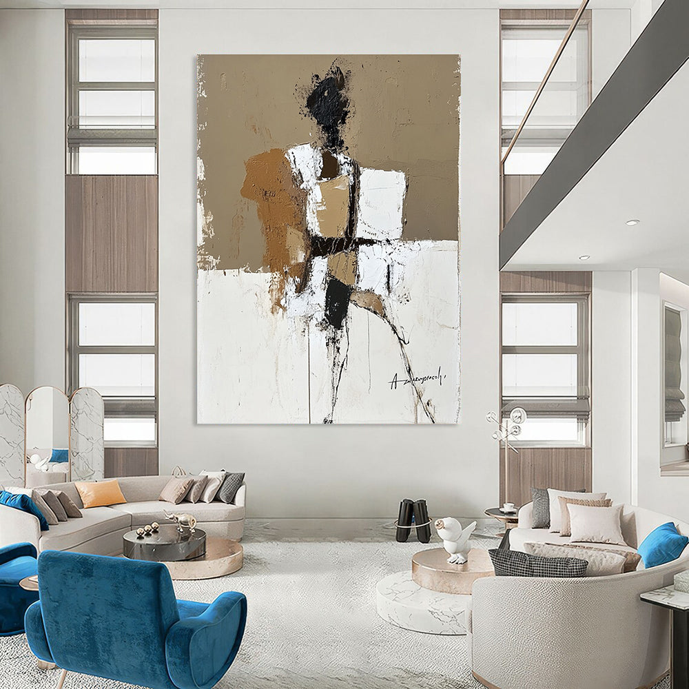 Large abstract painting in beige brown and white featuring humanistic forms with textured expressive brush strokes inspired by Anatoly Zaregorodtsev.STSC388