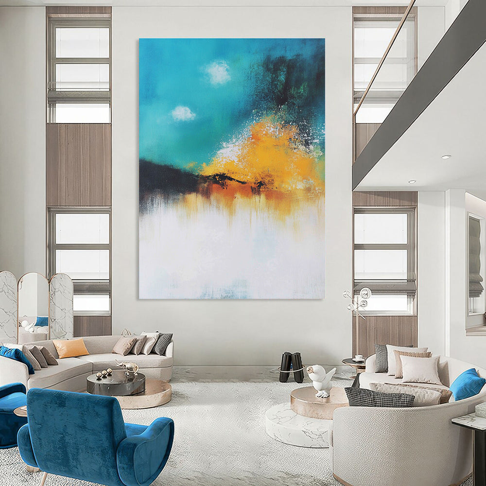 Large abstract painting of a serene explosion in pastel teal and yellow with soft smoke rising and a vintage hand-drawn feel.STSC643