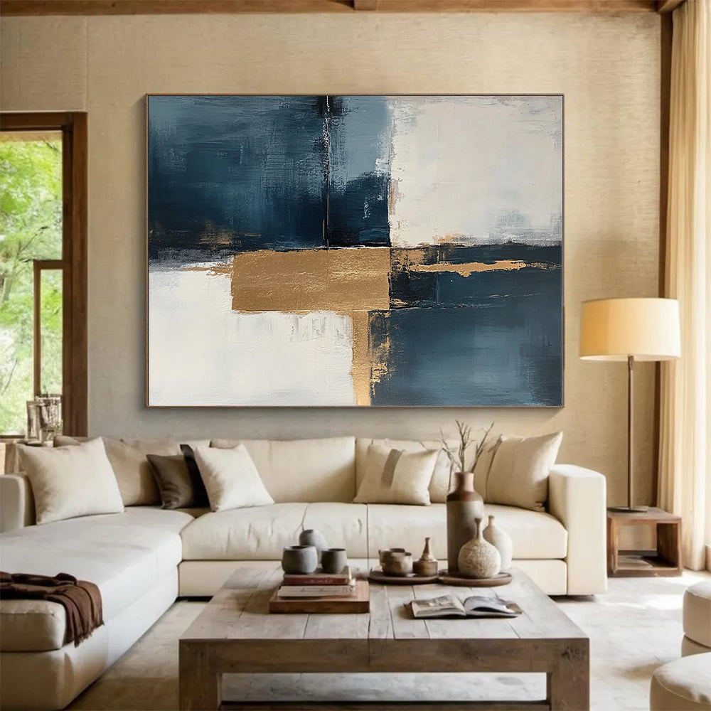 Muted Blue and Gold Abstract Painting with Understated Luxury GER377