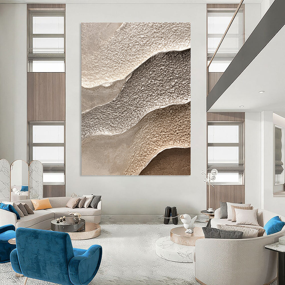 Abstract waves in grey complement detailed textured sandstone in beige and silver, perfect for nature-inspired interior decor.STSC945