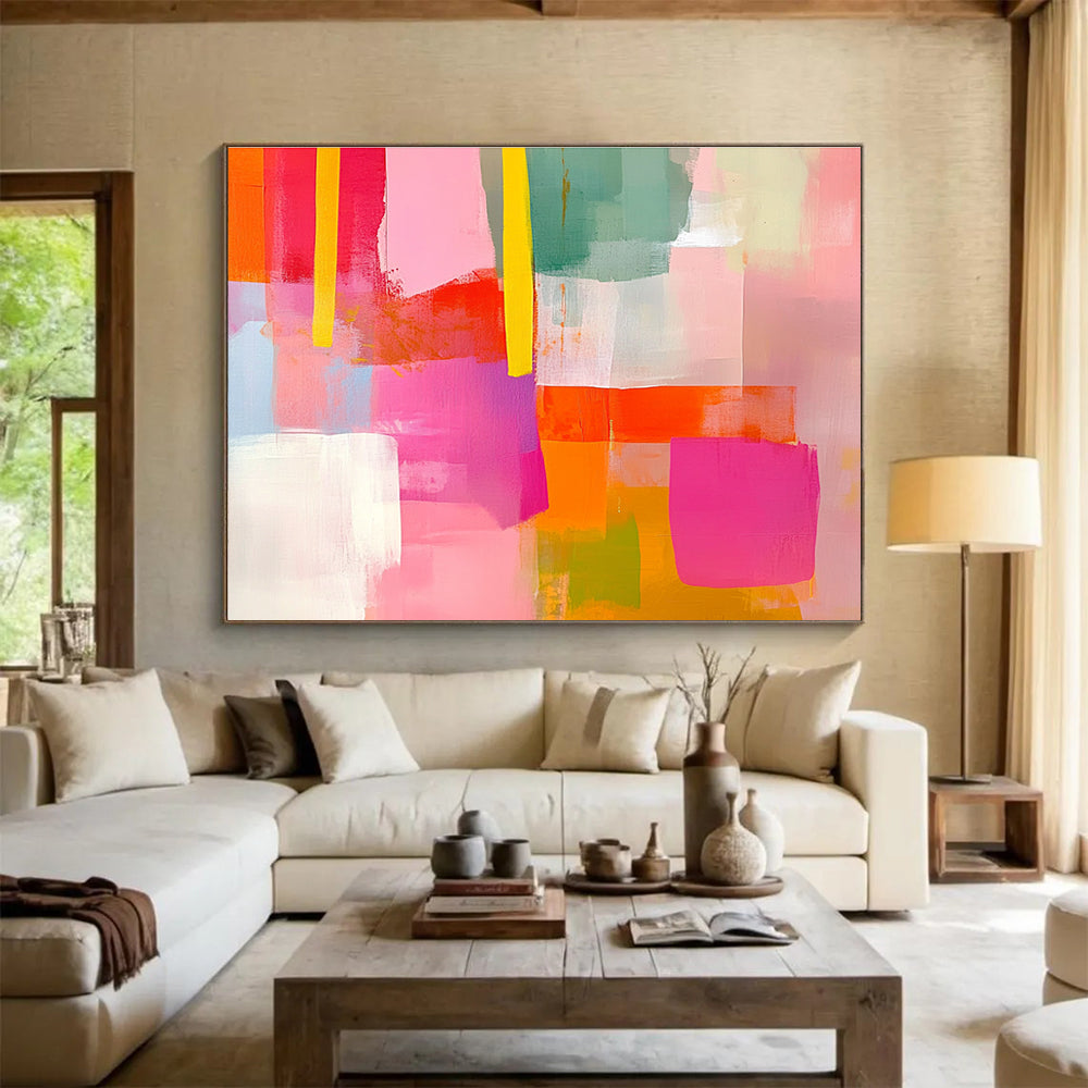 Extraordinarily vibrant abstract painting with soft pink and bright orange shapes complemented by yellow lines in a collage-style composition featuring pink and green hues.SC256