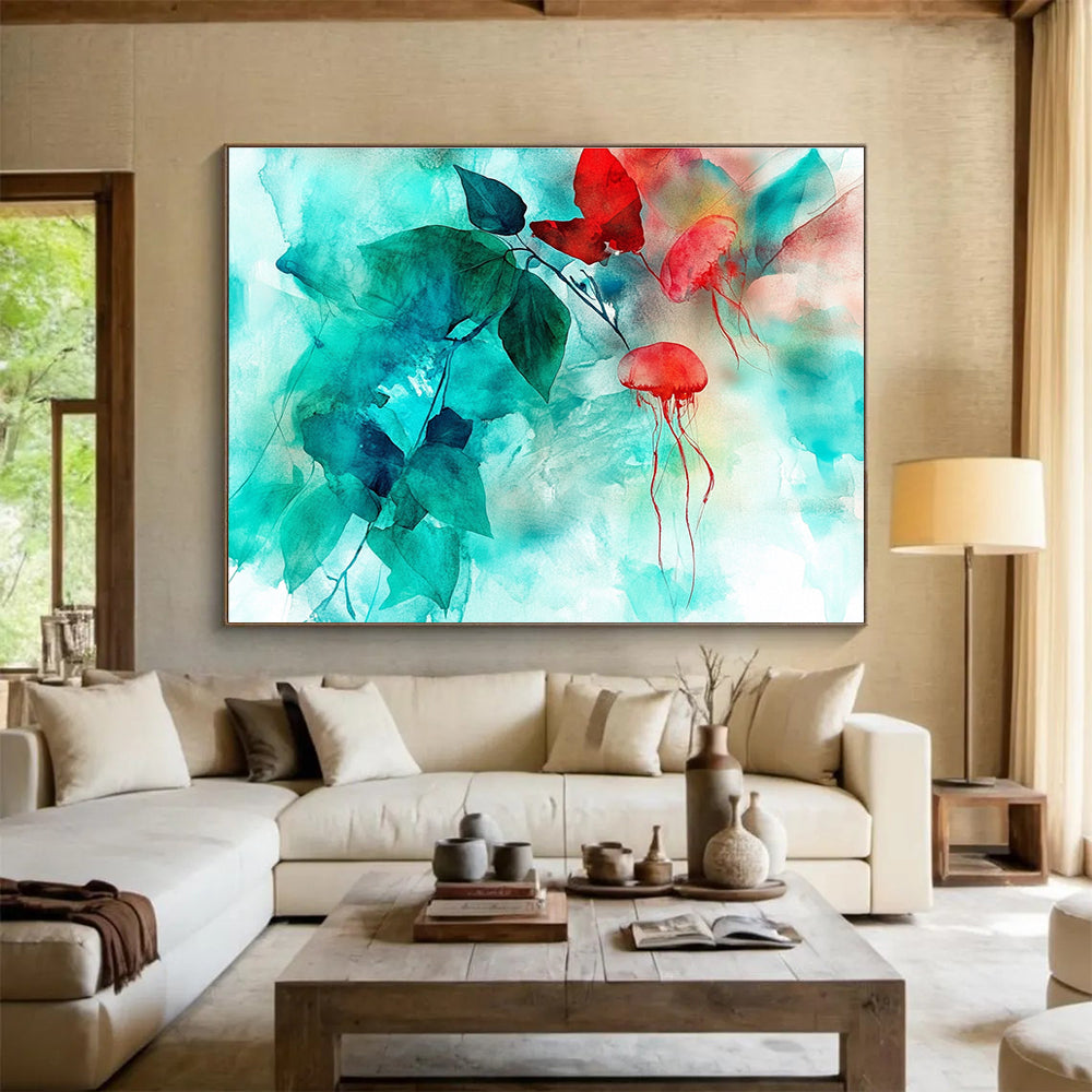 Jellyfish and Leaves Abstract Painting in Teal and Red DYP446