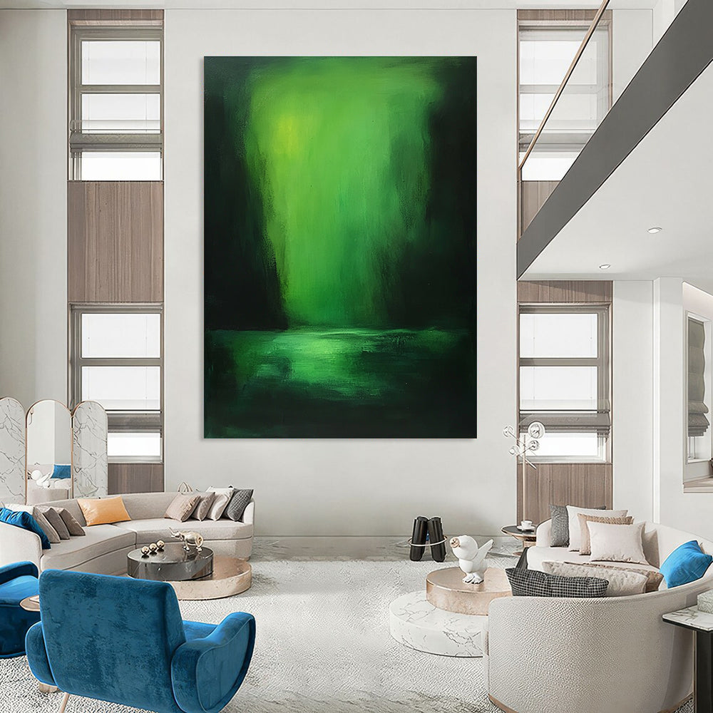 Large abstract painting of a green sea featuring vibrant light and dark colors inspired by Zdzisław Beksiński in oil on canvas.STSC287