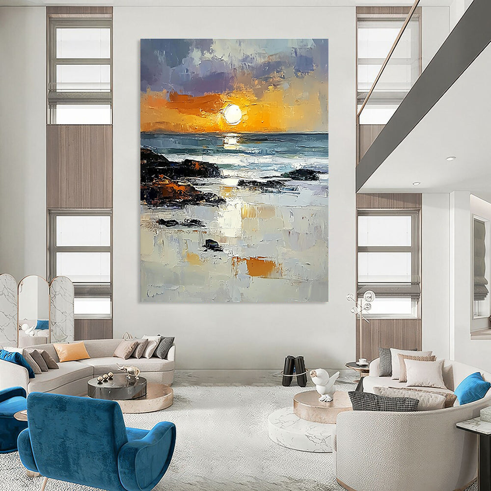 Abstract painting capturing the Irish coast with vibrant orange sunset rocks and reflective water showcasing textured brushstrokes in a bright sky.STSC882
