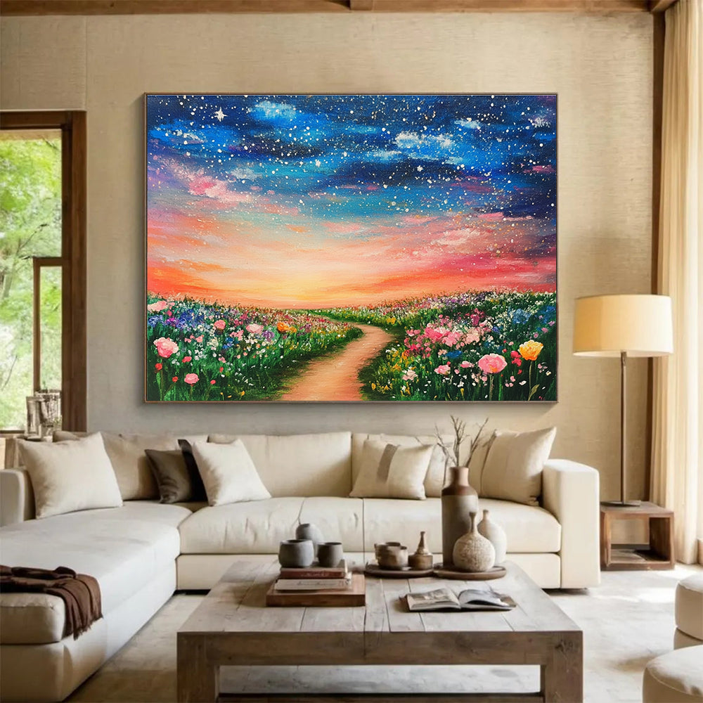 A large abstract painting of a dreamy field adorned with colorful flowers under a starry sky and a pink sunset, evoking a magical atmosphere.SC397