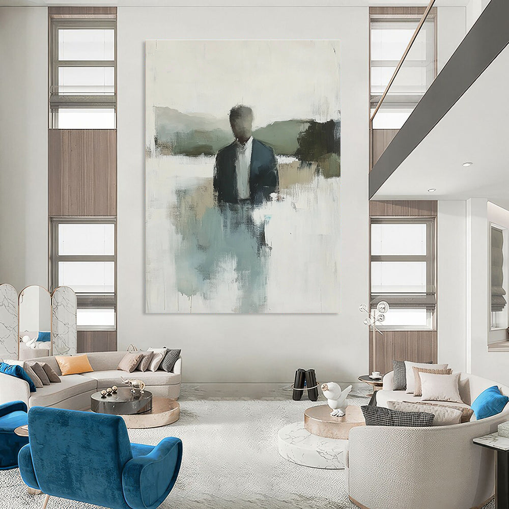 Abstract painting featuring a hazy landscape with soft tones of blue green and grey water in the foreground and hills in the background.STSC861