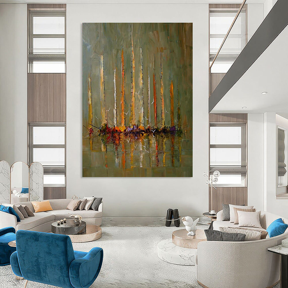 Sailboat Scene Abstract Painting with Earthy and Vibrant Colors ADGE330
