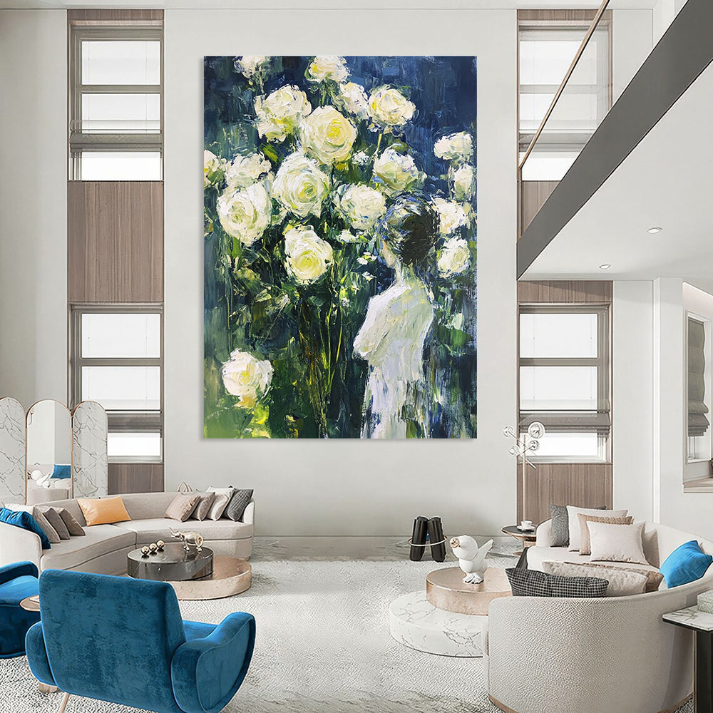 Abstract painting of fluid white roses on a dark blue background with light green accents, perfect for enhancing any space.STSC1489