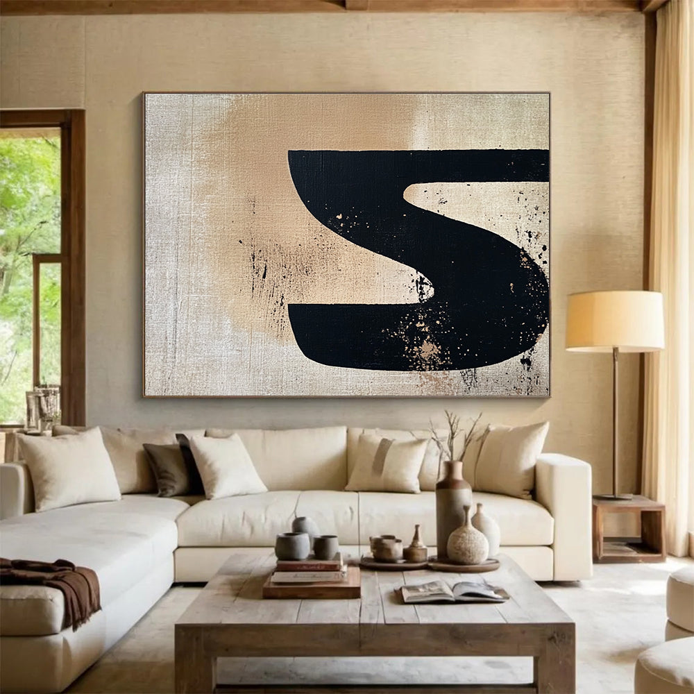 Black S - Shaped on Beige Abstract Painting DYP094