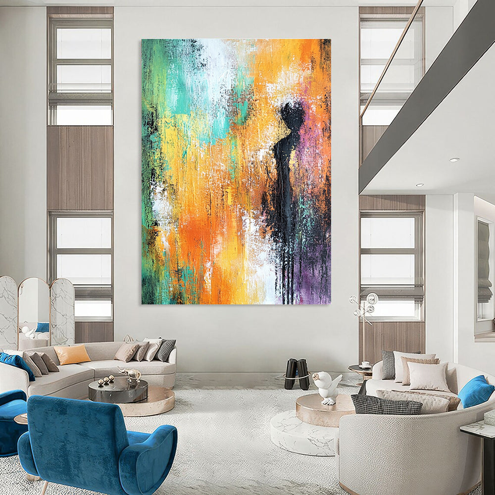 Large abstract painting featuring soft orange and green tones with hints of yellow and purple and a textured background for elegant decor.STSC248