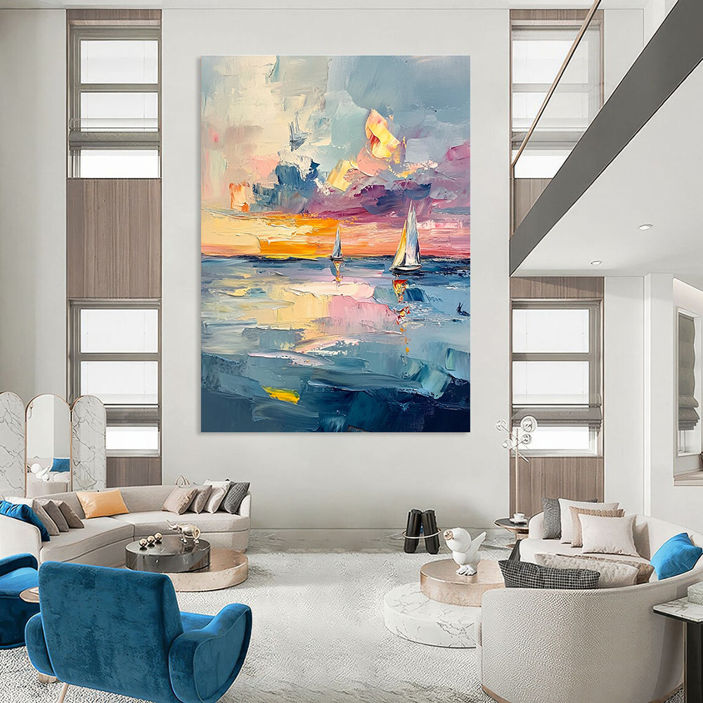 Large abstract painting of the sea with textured layers and pastel skies featuring sailboats reflecting light like gems across the canvas.STSC973