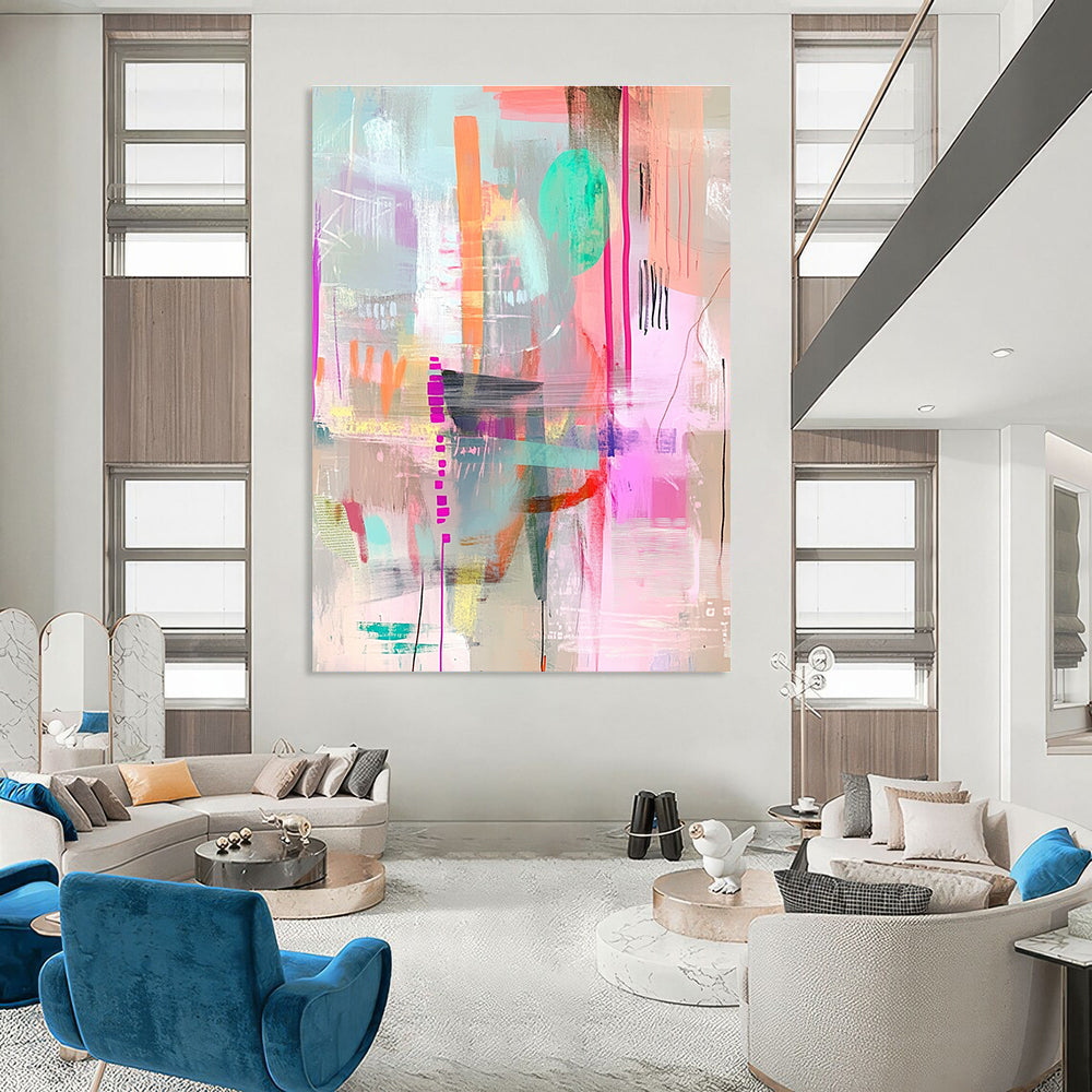 A large abstract painting with pastel colors and textures creating depth and motion featuring soft edges and whimsical patterns in pink green blue and brown.STSC1022