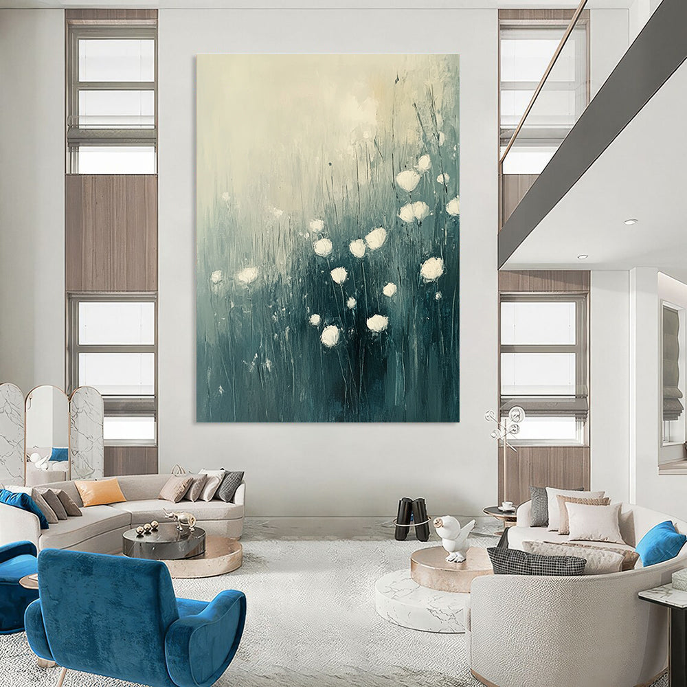 Large abstract oil painting of flowers in grass featuring white and light blue tones with muted colors, perfect for enhancing any space.STSC184