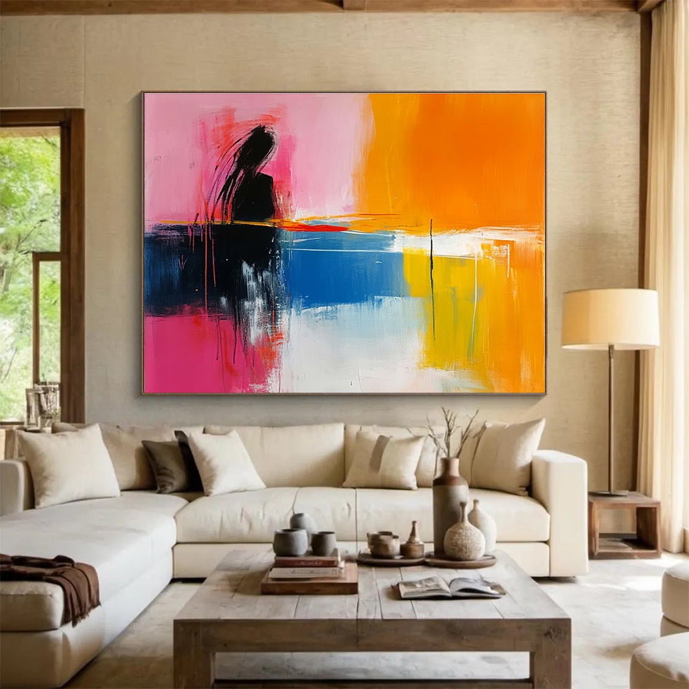 Large abstract painting featuring pink yellow orange and blue tones with a calm sea and sunset in a minimalist style.SC250