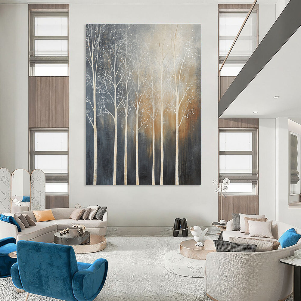 Large abstract painting of trees with white branches set against a dark gray background featuring muted tones and low contrast.STSC354