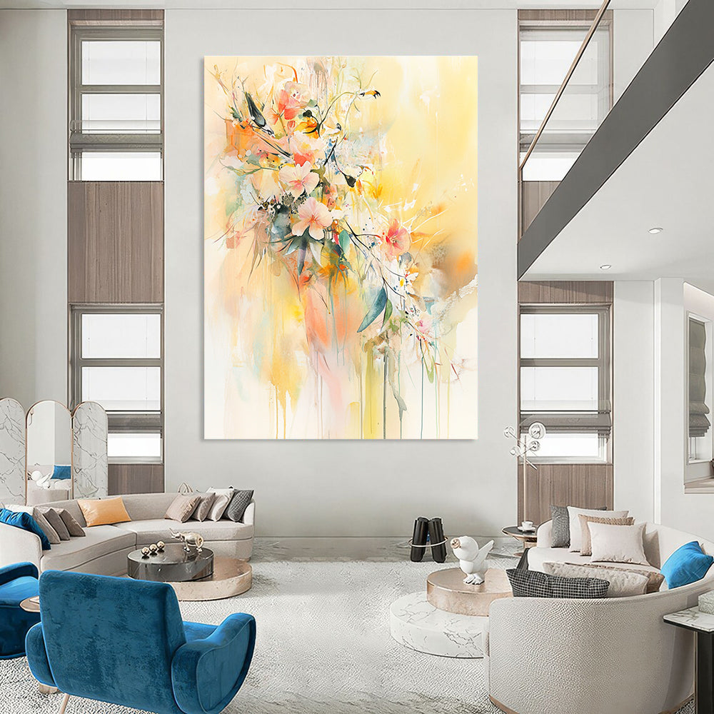 Large abstract watercolor painting featuring flowers and leaves with delicate birds on a light yellow background in soft pastel tones.STSC501
