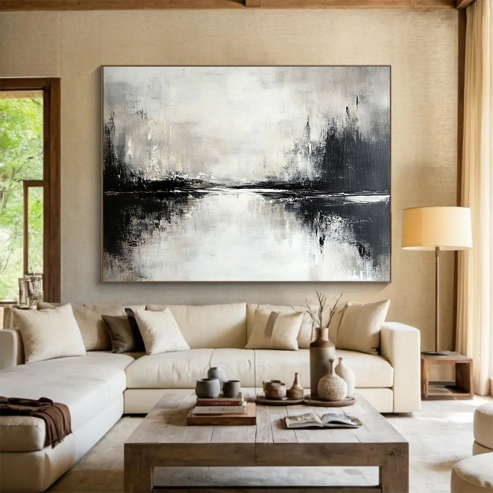Monochromatic Landscape Abstract Painting with Shades of Gray and Black DYP217