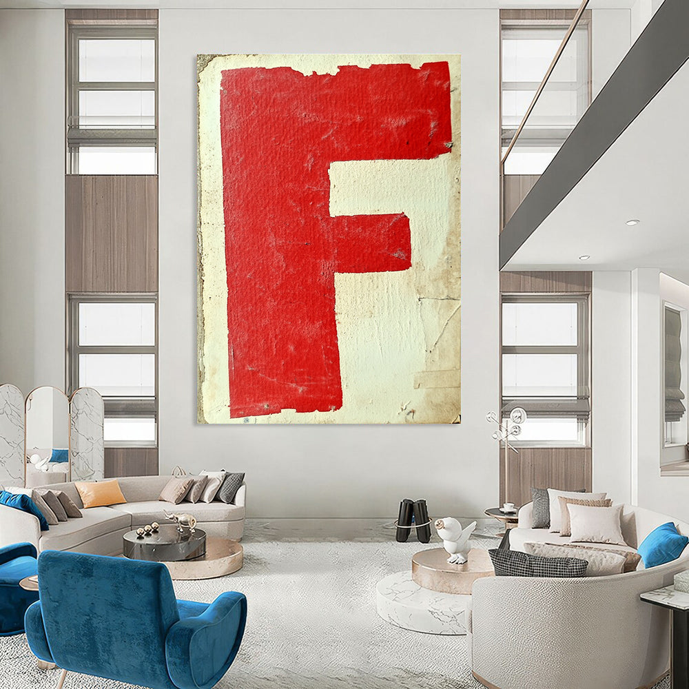 Large abstract artwork featuring red and white graffiti of the letter F with simple shapes on textured paper inspired by Gerd Arntz style.STSC1415