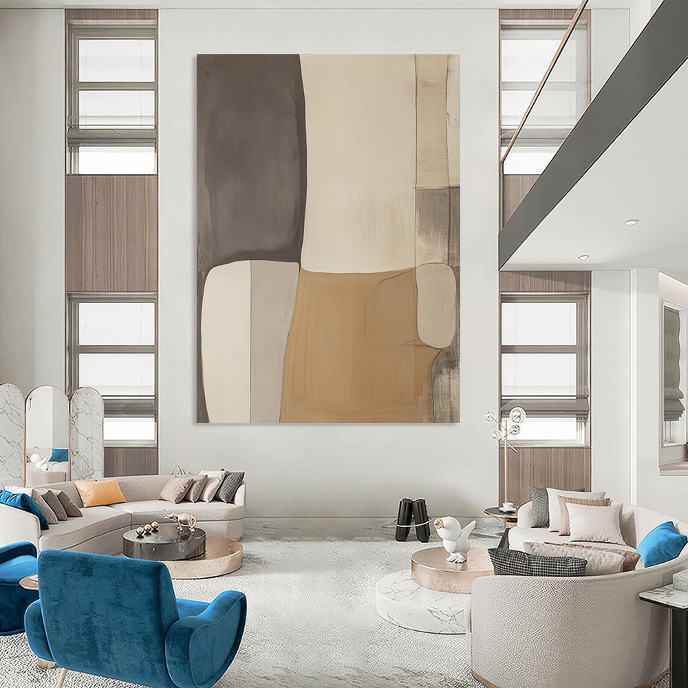 Large abstract artwork in shades of gray beige and white featuring minimalist design in a style reminiscent of Pablo Picasso.STSC478