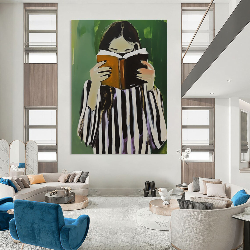 A large abstract painting featuring a woman in black and white stripes holding a book and coffee against a green background.STSC1258