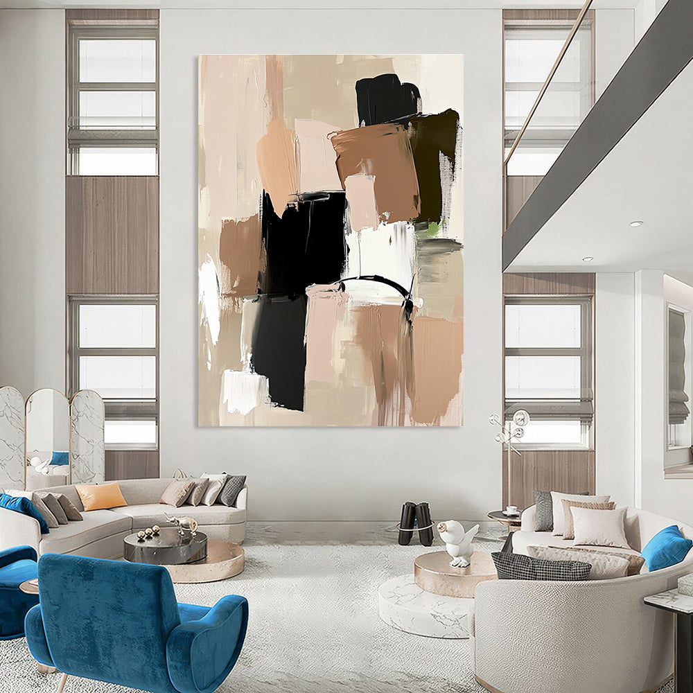 Large abstract painting featuring neutral tones beige and black shapes soft pink and green accents on a beige background with loose brush strokes.STSC779
