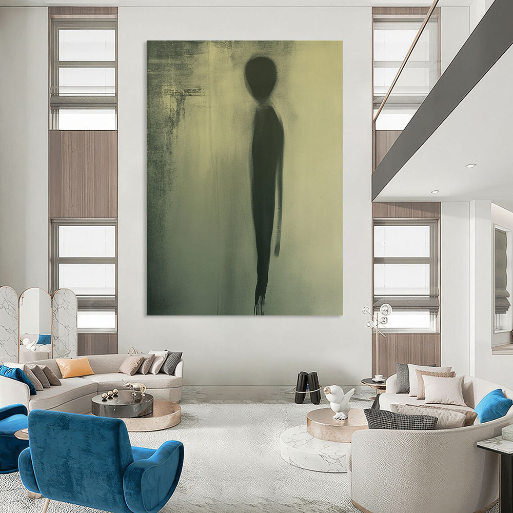 Large abstract painting featuring a faint oval silhouette in muted green tones creating an atmosphere of mystery and intrigue.STSC992