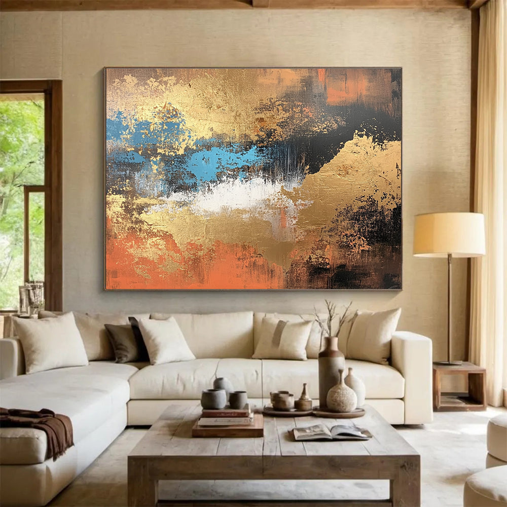 Gold Blue and Orange Abstract Painting with Rich Metallic Accents DYP251