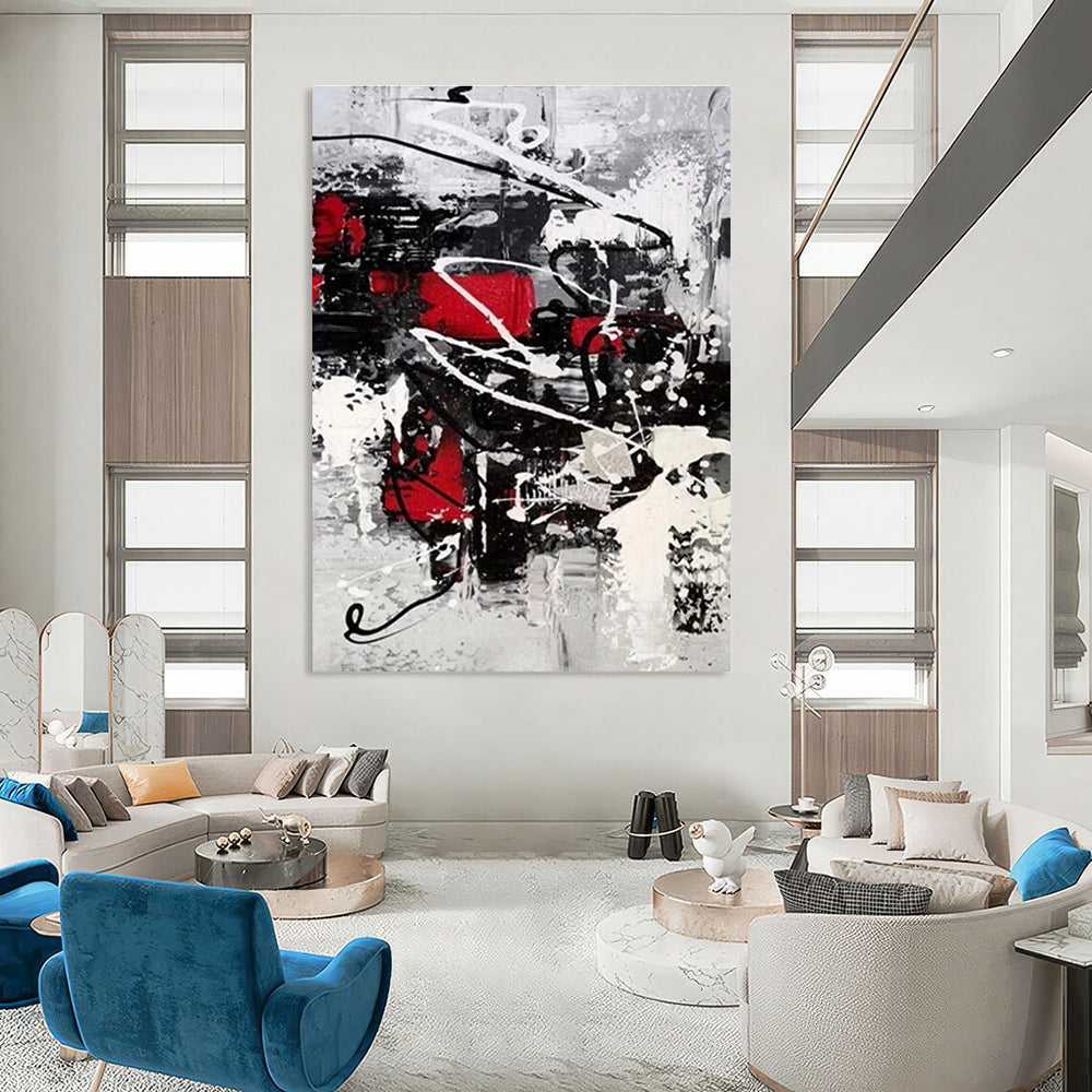 Red - Accented Black and White Dynamic Abstract Painting ADGE383