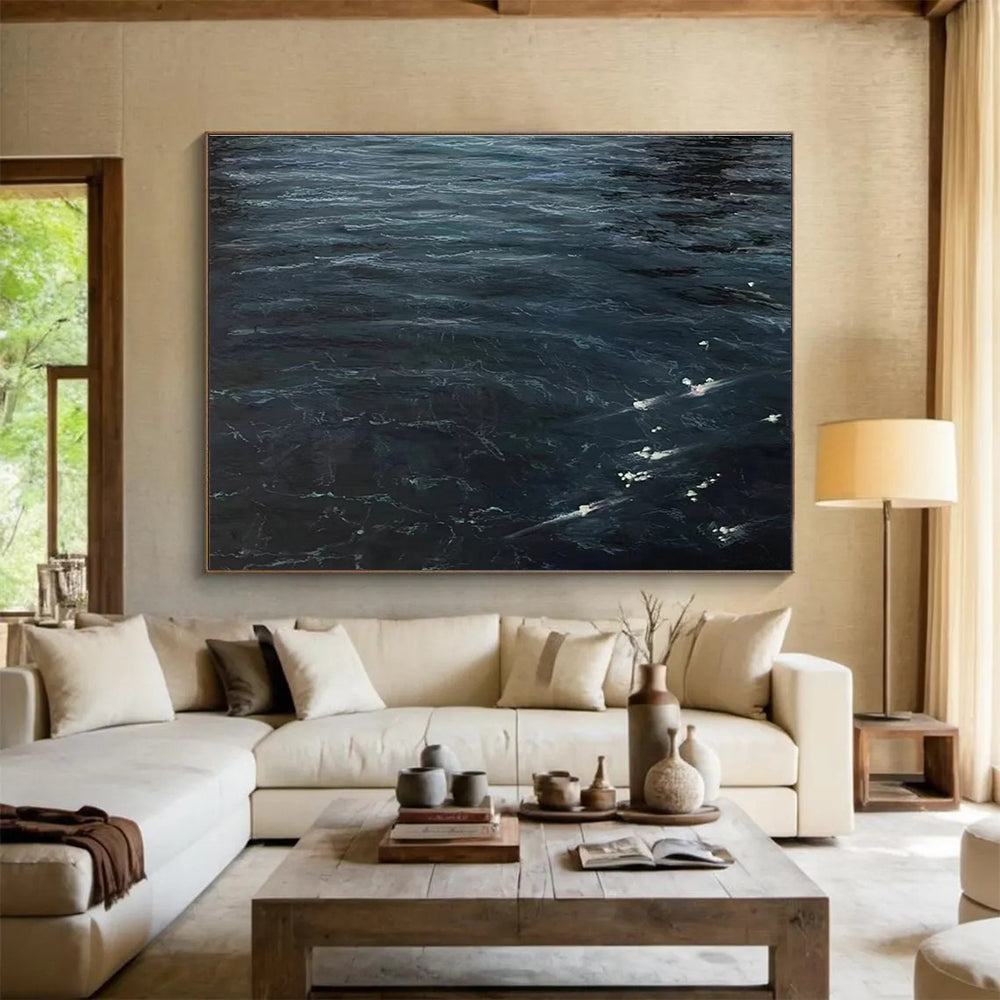 Dark Ocean Waves Abstract Painting with Deep Blue Tones THY265