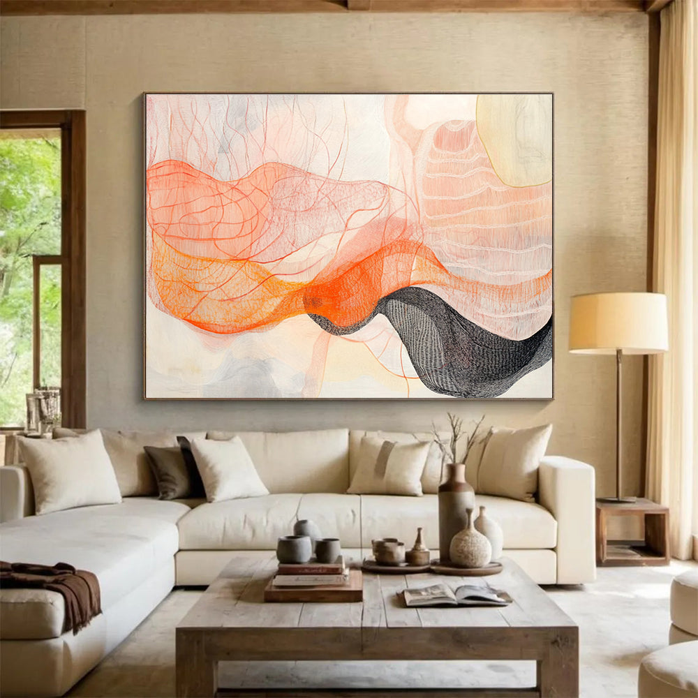 Line and Color Wave Abstract Painting with Orange and Black DYP462