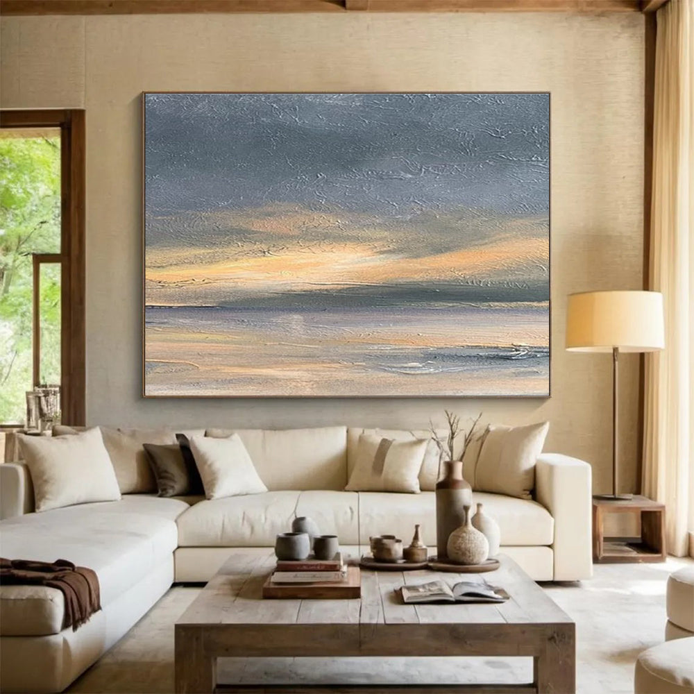 Textured Grey Orange Sea Sunset Abstract Painting THY016
