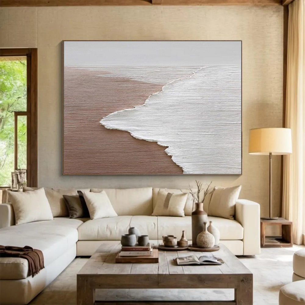 Beach Wave Abstract Painting with Brown and White Tones THY178