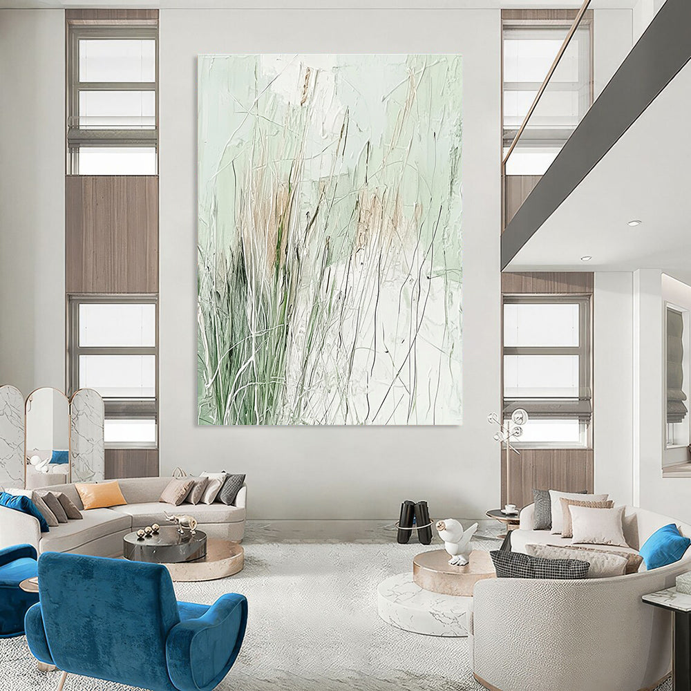 Abstract painting featuring light green and white, layered with delicate lines and wild grasses for a serene nature-inspired aesthetic.STSC939