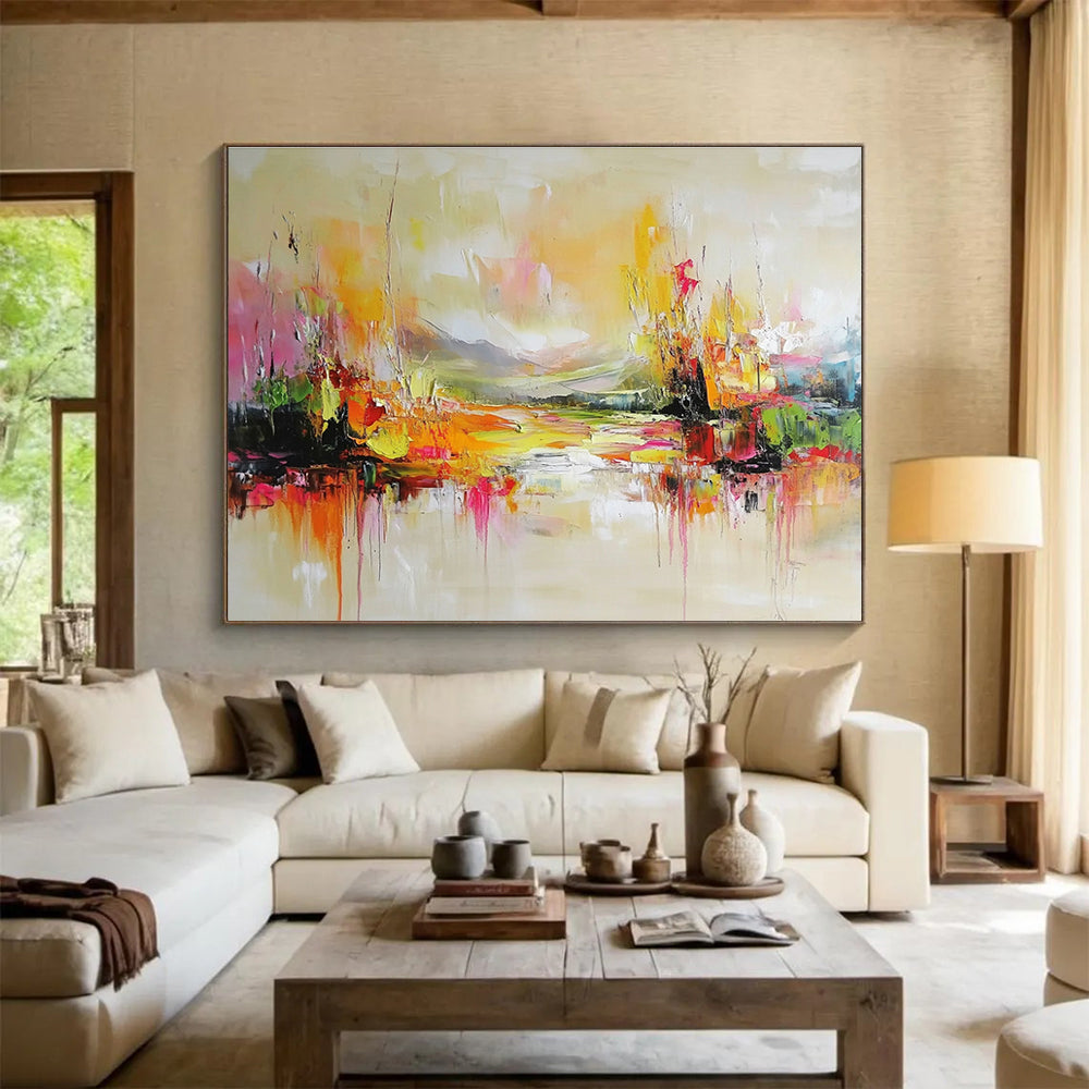 Large abstract painting featuring colorful landscape soft tones and intricate layers creating a dreamy tranquil ambiance that reflects nature.SC138