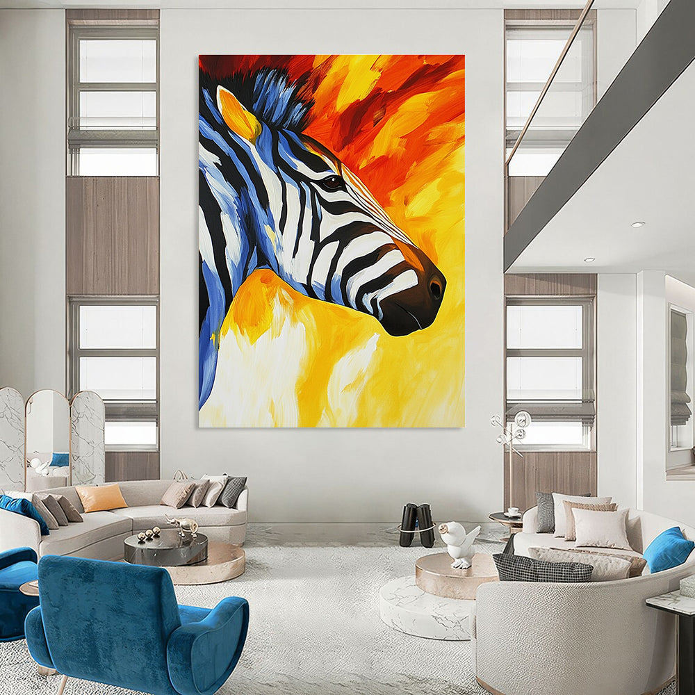 Abstract painting featuring a zebra's face and neck with vibrant stripes in yellow orange red blue white and black capturing movement and texture.STSC961