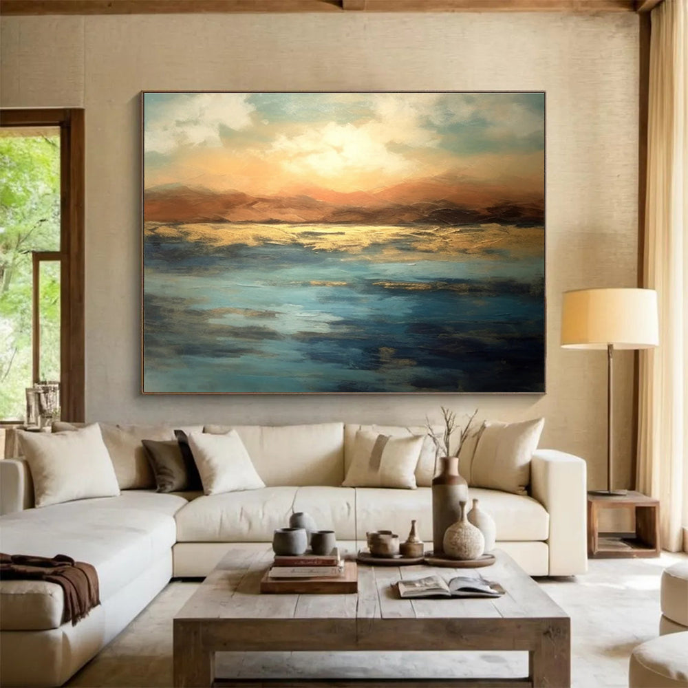 Orange Blue Sunset Lake Abstract Painting THY065