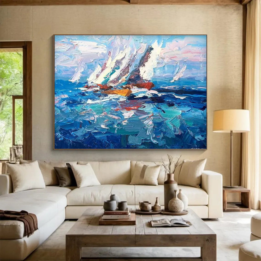 Blue White Sailing Boats Abstract Painting THY472