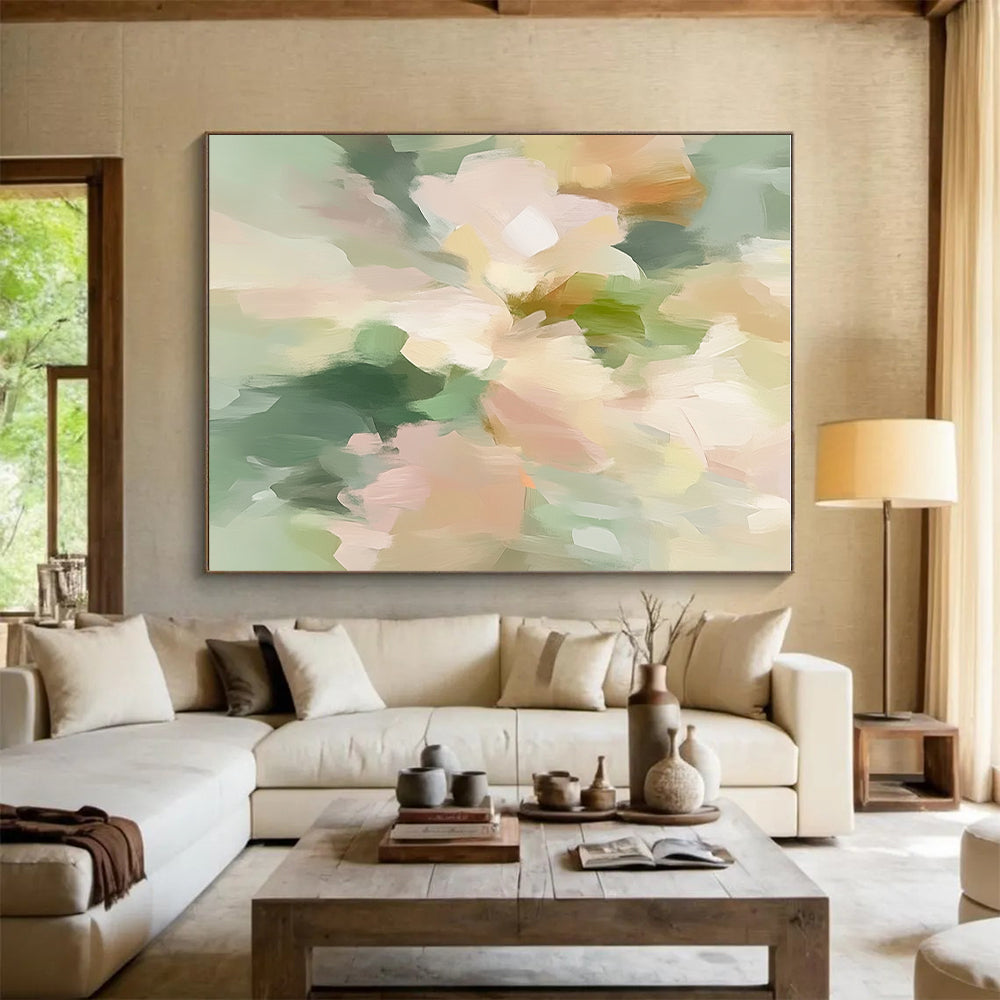 Light Green and Pastel Flower Abstract Painting with Dreamy Tones GER414