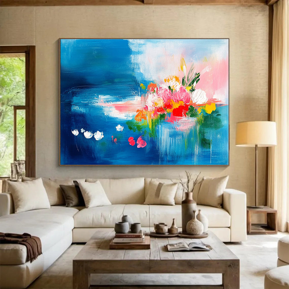 Abstract painting featuring vibrant pink and turquoise flowers on a blue background with green leaves and bright clouds, creating a joyful and dynamic atmosphere.SC235