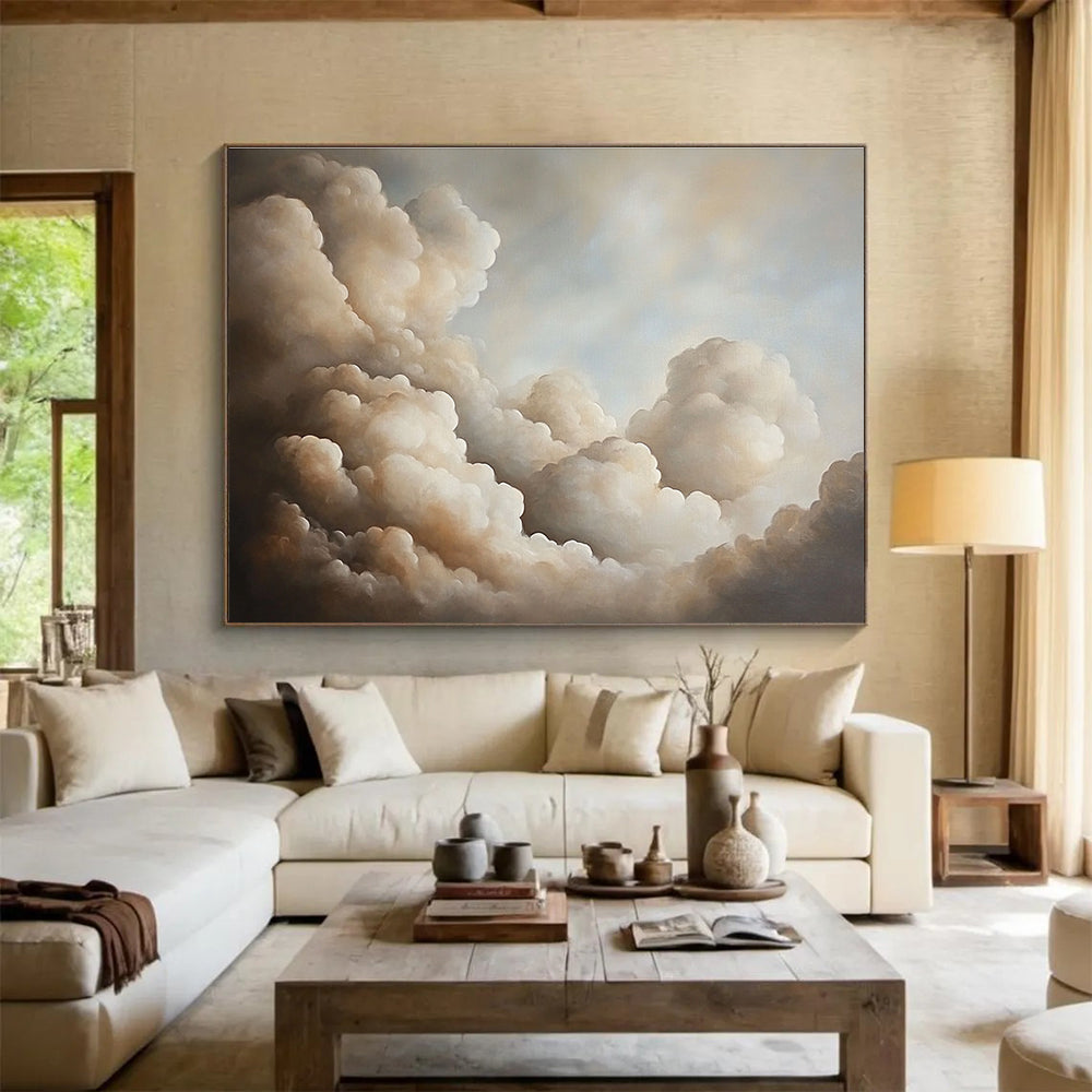 A large abstract oil painting featuring muted-colored clouds that evoke a serene atmosphere and invite deep contemplation.SC541