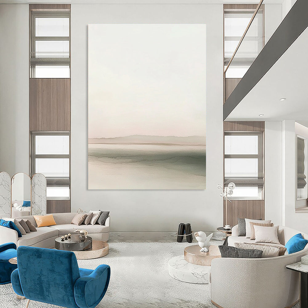 Large abstract painting featuring a soft horizon blending gray to pink with calming waves and distant hills ideal for text or design elements.STSC1242