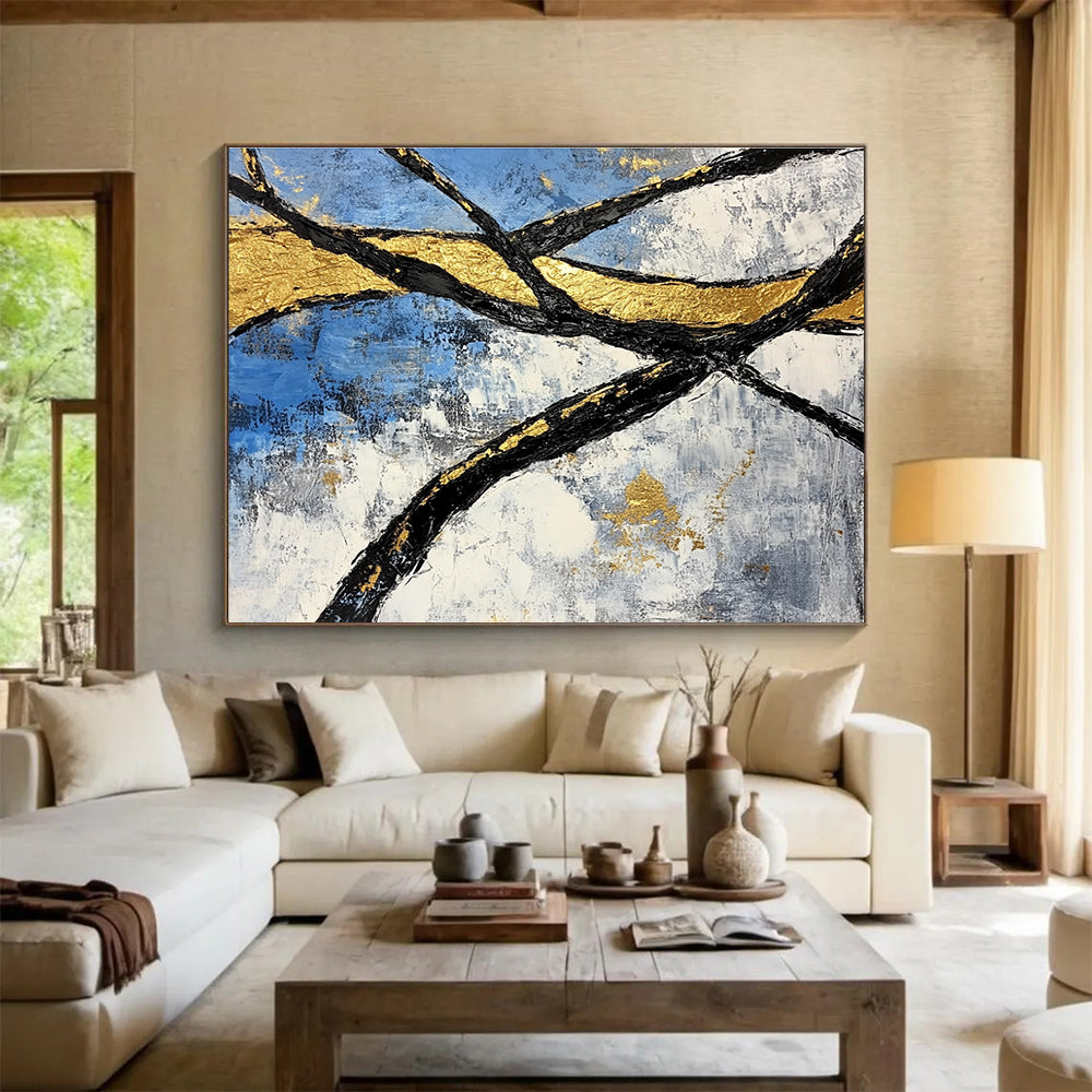 Golden Branches Abstract Painting with Blue and Gold Tones DYP525